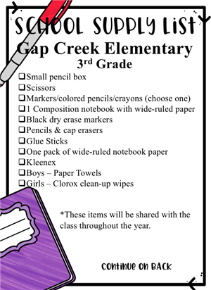 2019-2020 3rd Grade Supply List 